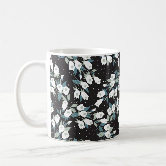 Elegant Tulip Flower Pattern Black Background Coffee Mug (Left)