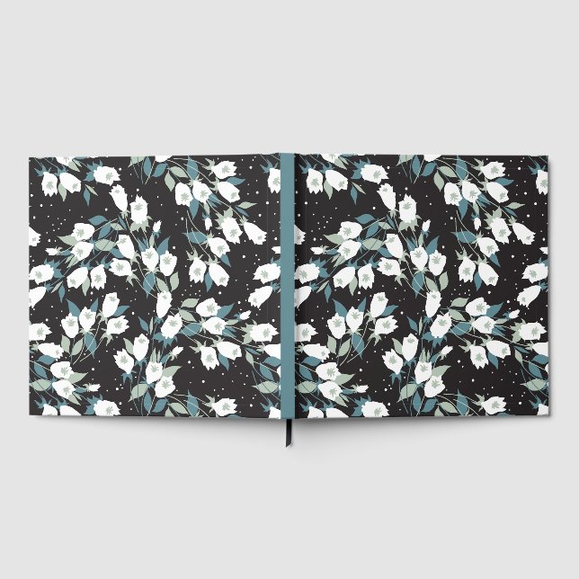 Elegant Tulip Flower Pattern Black Background Guest Book (Full)