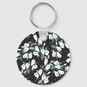 Elegant Tulip Flower Pattern Black Background Keychain