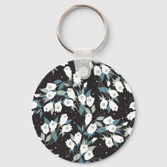 Elegant Tulip Flower Pattern Black Background Keychain (Front)