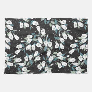 Elegant Tulip Flower Pattern Black Background Kitchen Towel