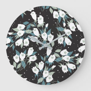 Elegant Tulip Flower Pattern Black Background Large Clock