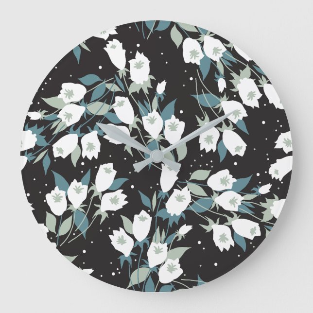 Elegant Tulip Flower Pattern Black Background Large Clock (Front)