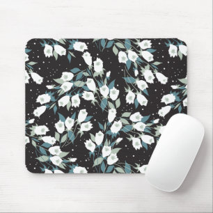 Elegant Tulip Flower Pattern Black Background Mouse Pad