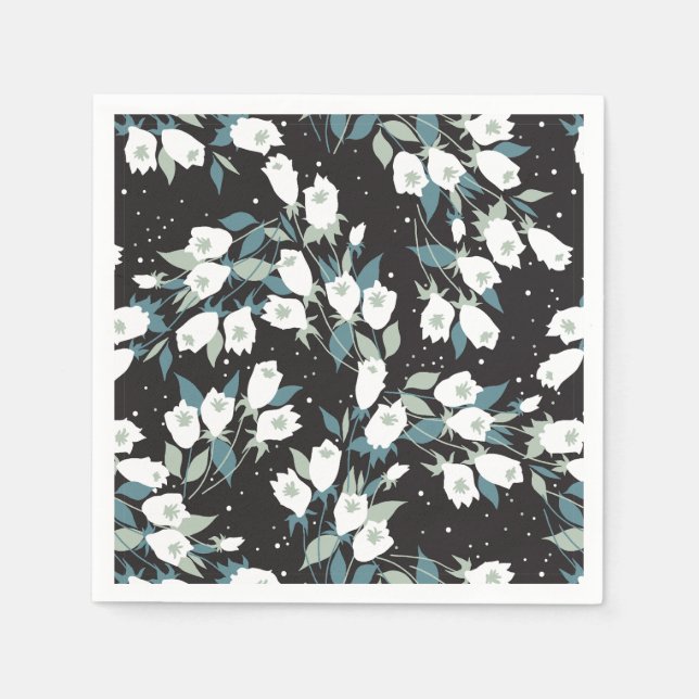 Elegant Tulip Flower Pattern Black Background Napkin (Front)