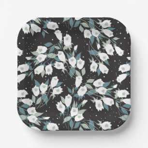 Elegant Tulip Flower Pattern Black Background Paper Plate
