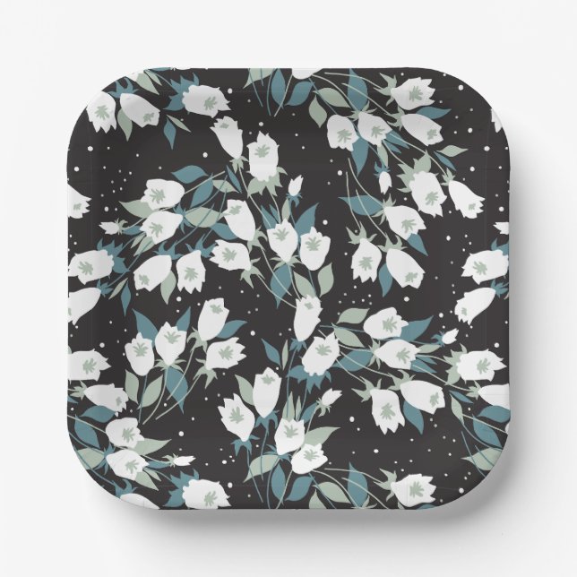 Elegant Tulip Flower Pattern Black Background Paper Plate (Front)