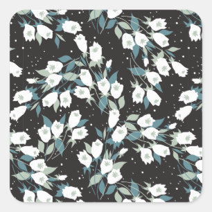 Elegant Tulip Flower Pattern Black Background Square Sticker