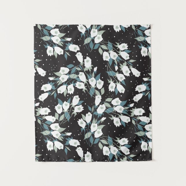 Elegant Tulip Flower Pattern Black Background Tapestry (Front)