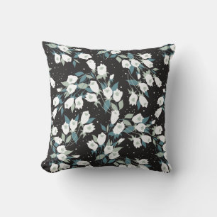 Elegant Tulip Flower Pattern Black Background Throw Pillow
