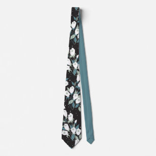 Elegant Tulip Flower Pattern Black Background Tie