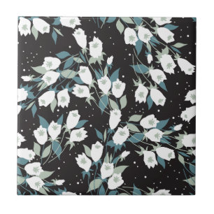Elegant Tulip Flower Pattern Black Background Tile