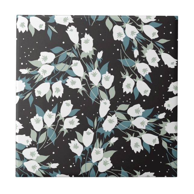 Elegant Tulip Flower Pattern Black Background Tile (Front)