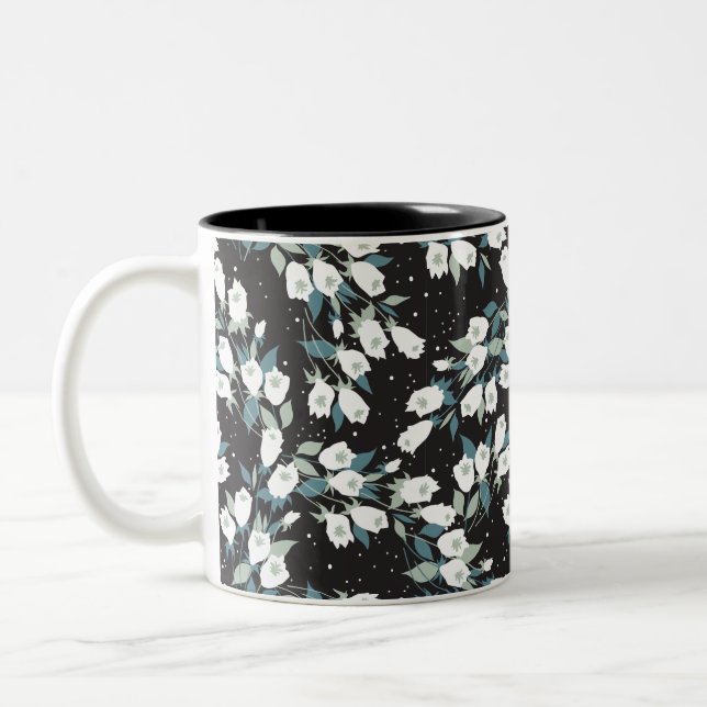 Elegant Tulip Flower Pattern Black Background Two-Tone Coffee Mug (Left)