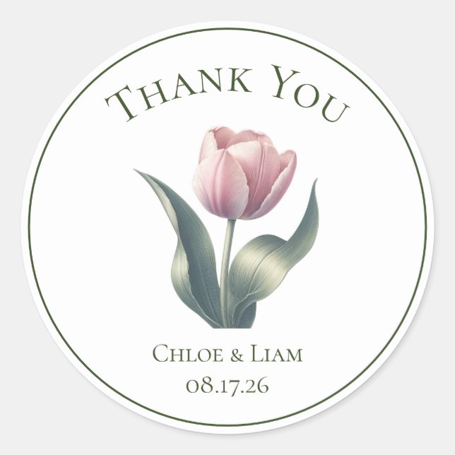 Elegant Tulip Flower Wedding Thank You Classic Round Sticker (Front)