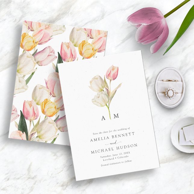 Elegant Tulip Save The Date (Watercolor Tulip Monogrammed Save The Date by Painted Paperie)