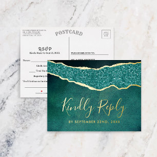 Elegant Turquoise Agate Wedding RSVP Real Foil Invitation Postcard