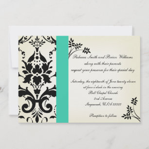 Elegant Turquoise and Black Damask Wedding Invite
