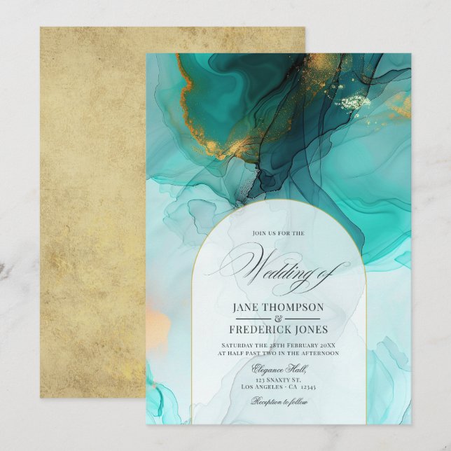 Elegant Turquoise and Gold Flowing Ink Wedding Invitation (Front/Back)