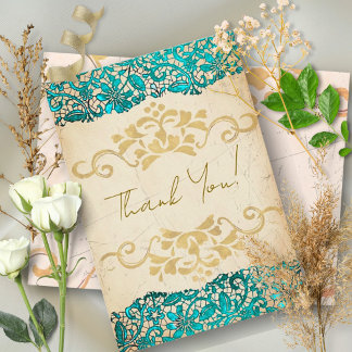 Elegant Turquoise and Gold Vintage Style Wedding Thank You Card