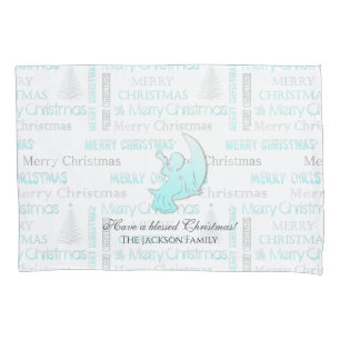 Elegant Turquoise and Silver Christmas Typography Pillowcase