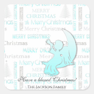Elegant Turquoise and Silver Christmas Typography Square Sticker