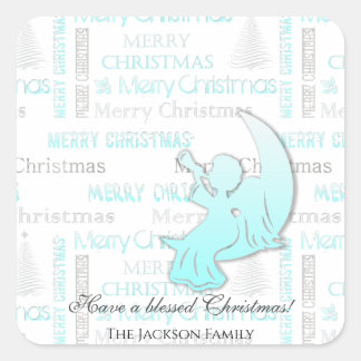 Elegant Turquoise and Silver Christmas Typography Square Sticker