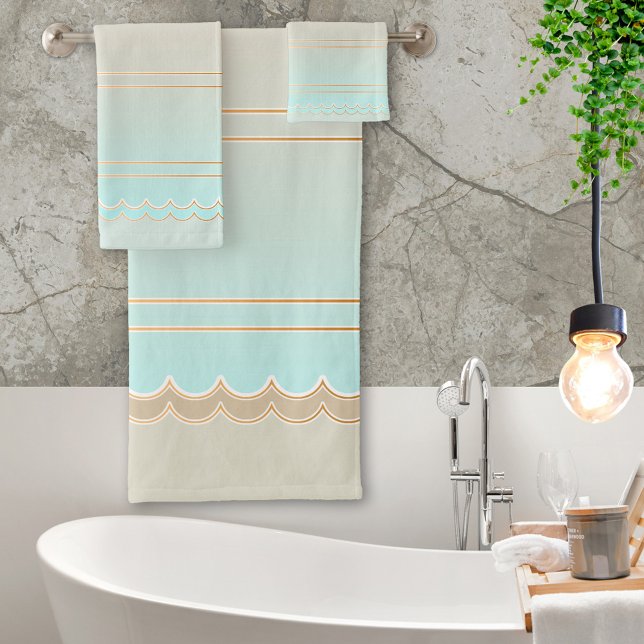 Elegant Turquoise Beach Bath Towel Set (A beautiful striped bathroom towel set in soft turquoise and sandy beach colors)