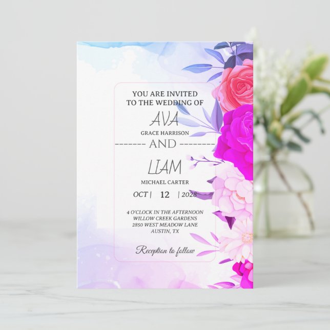 Elegant Turquoise Blue Floral Watercolor Wedding  Invitation (Standing Front)