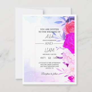Elegant Turquoise Blue Floral Watercolor Wedding  RSVP Card