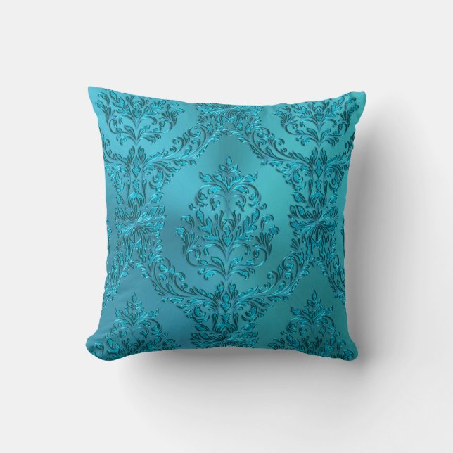 Elegant Turquoise Blue Green Damask Throw Pillow (Front)