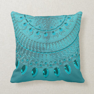 Elegant Turquoise Blue Green Mandala Throw Pillow