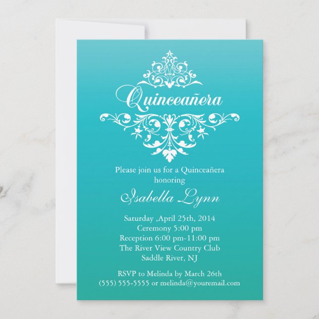 Elegant Turquoise Blue Ombre Quinceañera Party Invitation (Front)