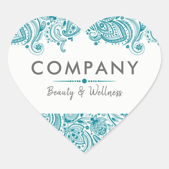 Elegant Turquoise-blue Paisley Lace Heart Sticker (Front)