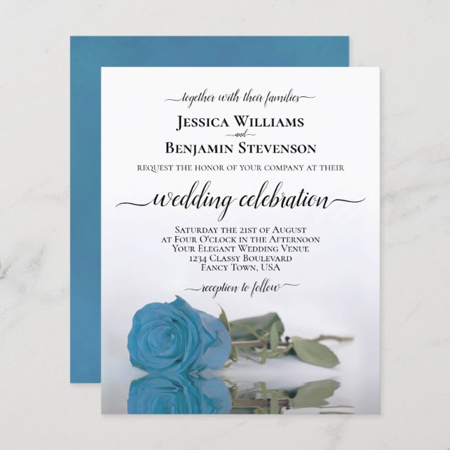 Elegant Turquoise Blue Rose BUDGET Wedding Invite (Front/Back)