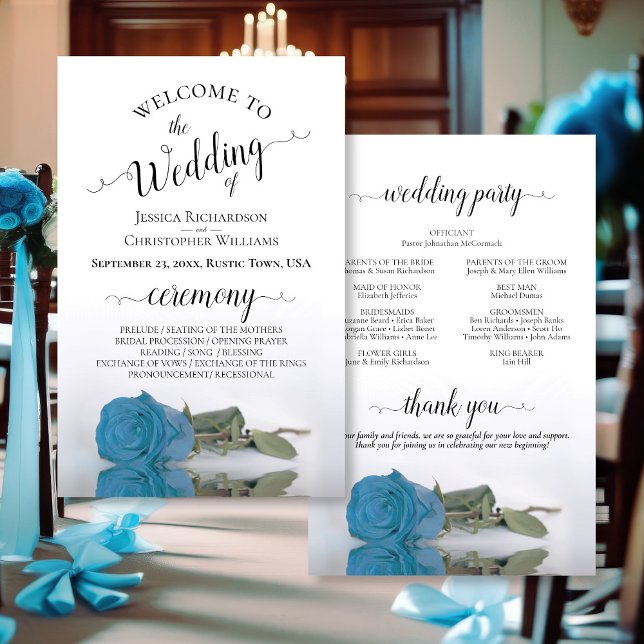 Elegant Turquoise Blue Rose Budget Wedding Program (Front/Back)