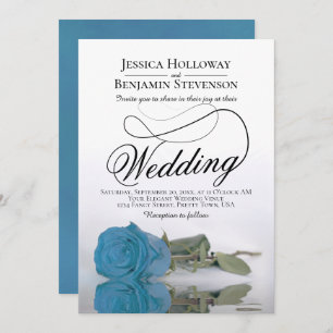 Elegant Turquoise Blue Rose Classy Script Wedding Invitation