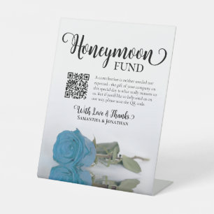 Elegant Turquoise Blue Rose Honeymoon Fund QR Code Pedestal Sign