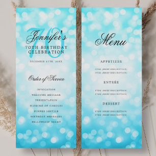 Elegant Turquoise Bokeh 70th Birthday Program Menu