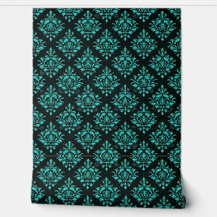 Elegant Turquoise Damask Pattern on Black Wallpaper