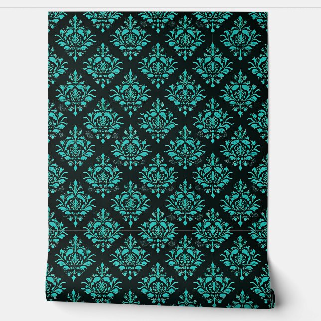  Elegant Turquoise Damask Pattern on Black  Wallpaper (Unrolling)