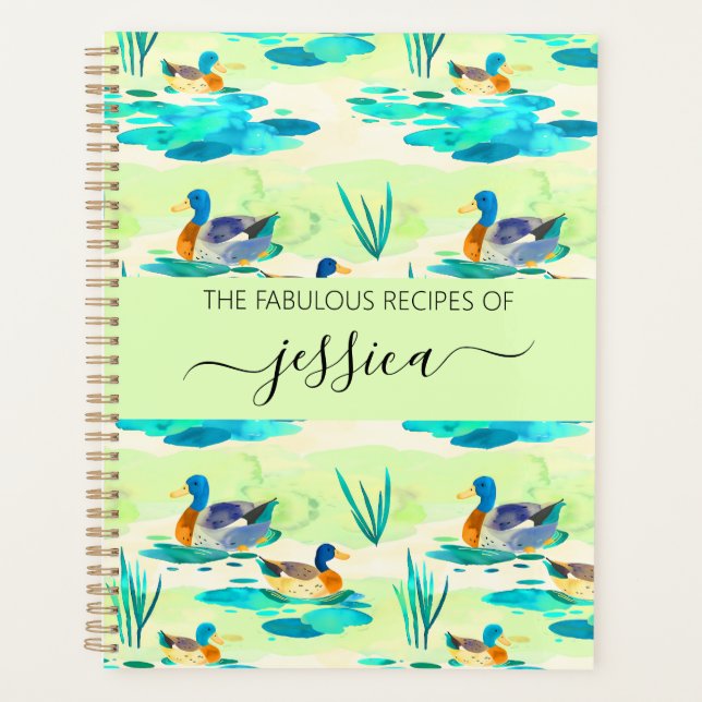 Elegant turquoise ducks script name Recipe Planner (Front)