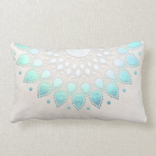Elegant Turquoise Floral Lotus White Marble Lumbar Pillow