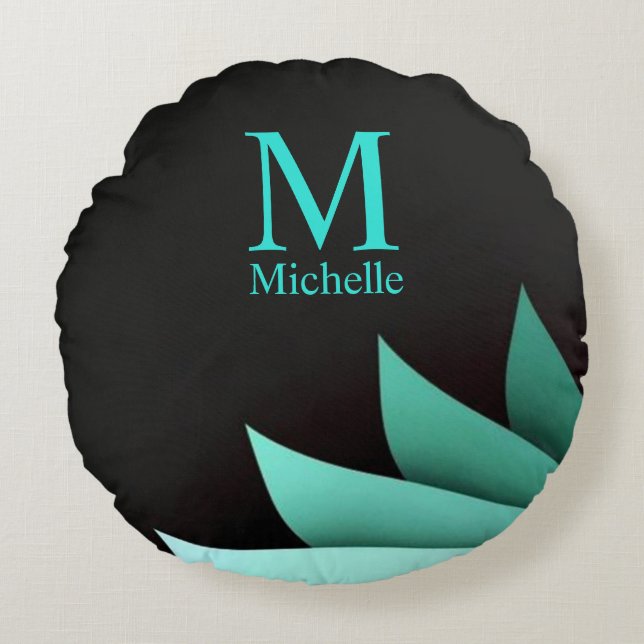 Elegant Turquoise Floral Personalized Monogram Round Pillow (Front)