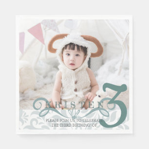 Elegant turquoise floral photo birthday party napkin