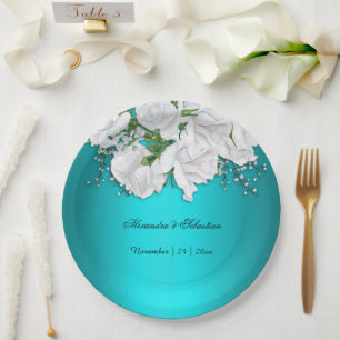 Elegant Turquoise Floral Wedding Paper Plate