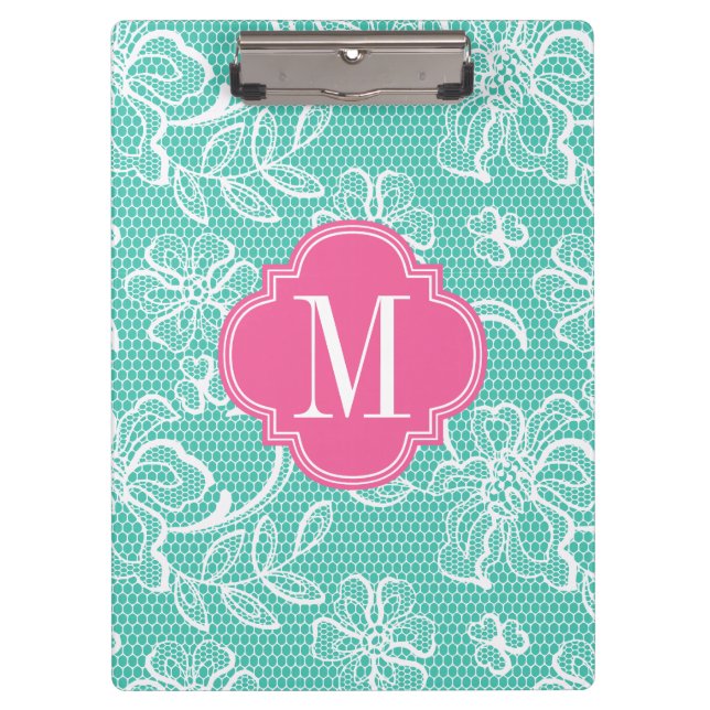 Elegant Turquoise Girly Lace Personalized Monogram Clipboard (Front)