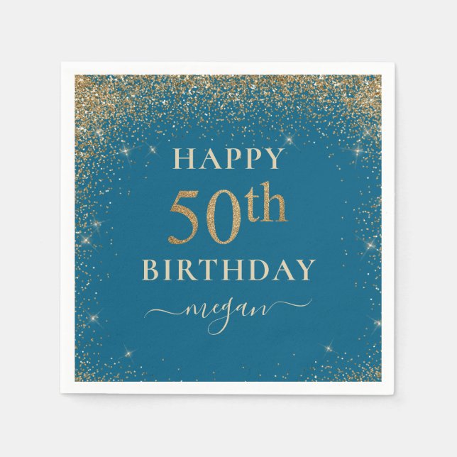 Elegant Turquoise Glitter 50th Birthday Party  Napkin (Front)