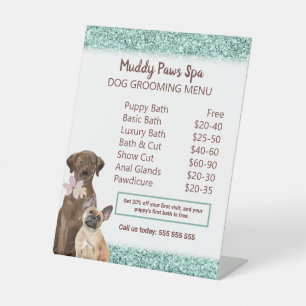 Elegant Turquoise Glitter Dog Grooming Menu Pedestal Sign