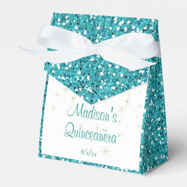 Elegant Turquoise Glitter, Quinceanera Custom Favor Box (Front Side)
